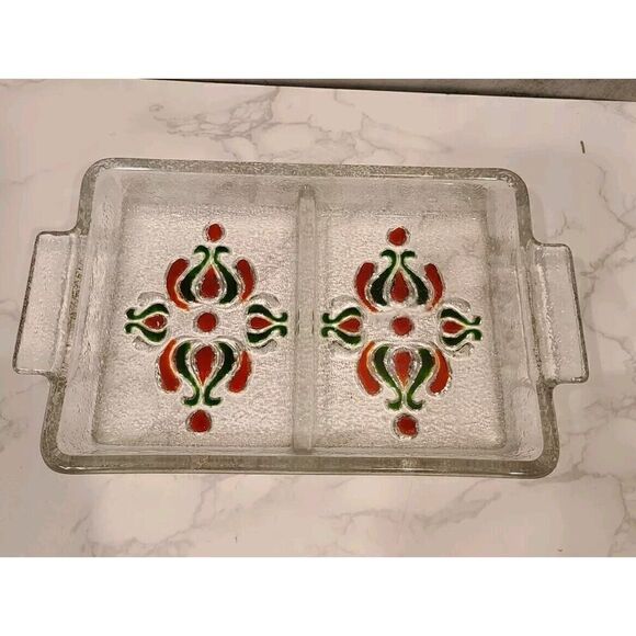 Alle Schönheit Walther Glass Serving Tray Clear Red/Green Floral WGermany Retro - Picture 2 of 8